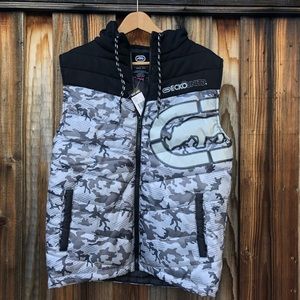 Ecko Unlimited Gray Black Camo Puff Vest with Hood Mens, size S